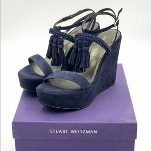New Stuart Weitzman “Tasselmania” Wedge Sandel in Blue Suede